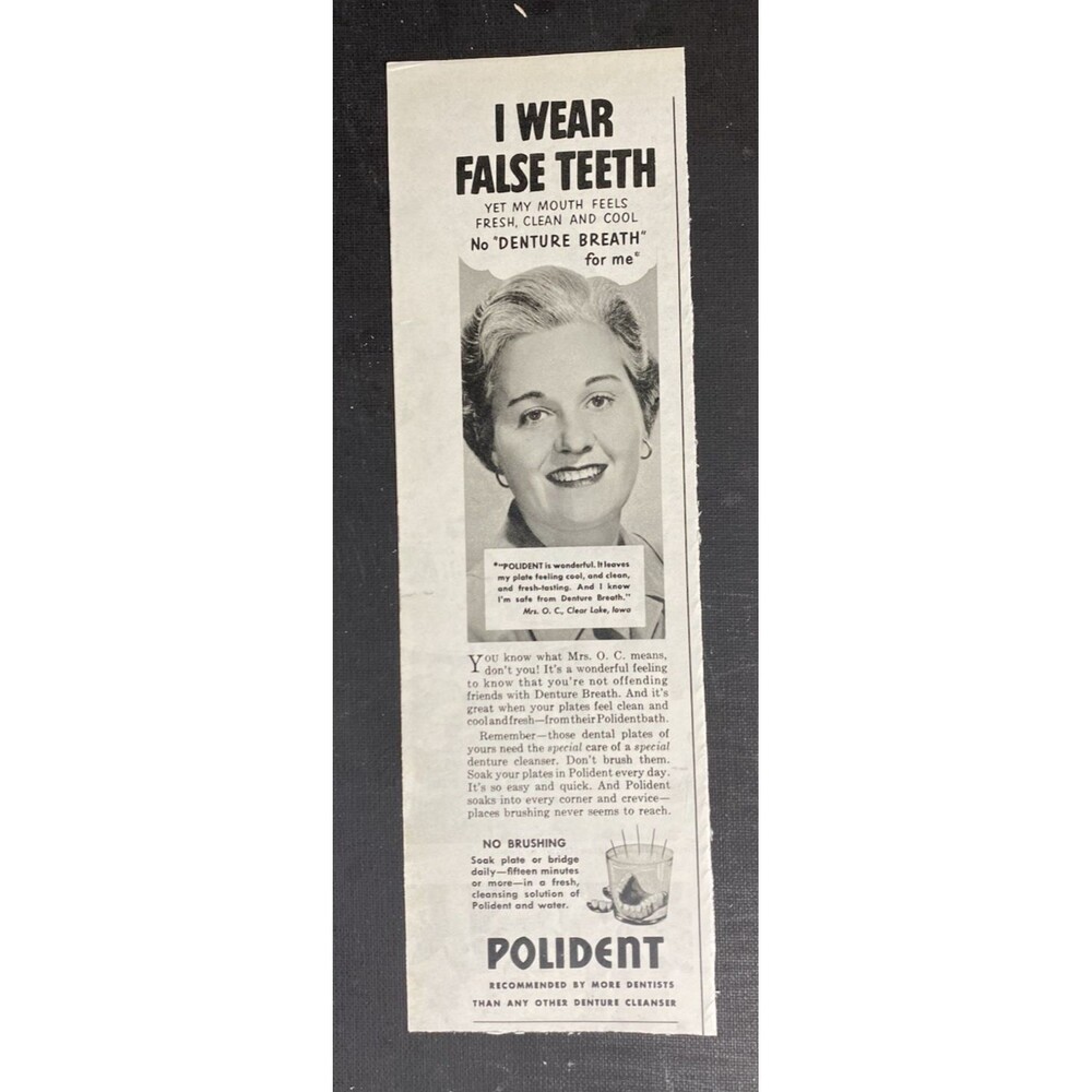 Polident Denture Cleaning Solution "No Denture Breath for Me" Vtg Print Ad 1951